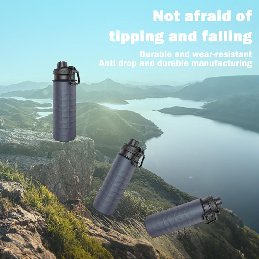 Collapsible Water Bottles, BPA Free 700ml/24oz Silicone Foldable Water Bottle, Portable Sport Water Bottle for Travel Camping Hiking Cycling Yoga Outdoor Adventures (Grey) - Image 6