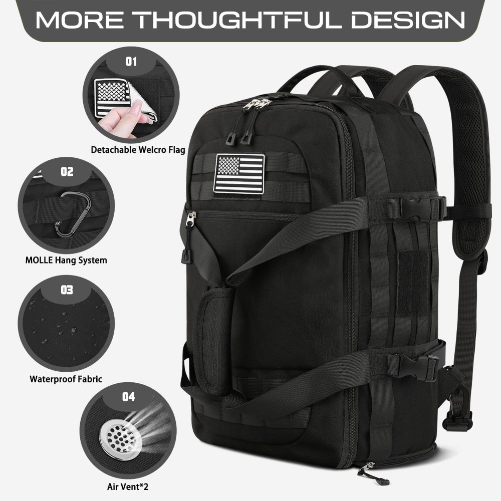 Gym Bags for Men Women, Tactical Duffle Bag Backpack with Shoe Compartment, 3 in 1 Carry on Travel Backpack with Wet Pocket, Weekender Overnight Range Bag for Workout Football Gym, Black - Image 3