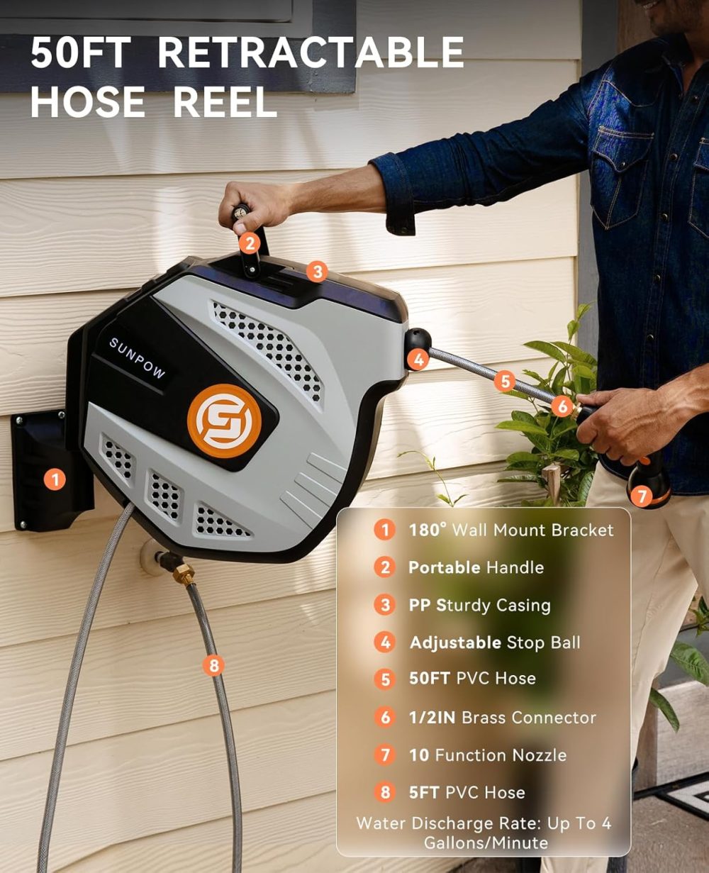 SUNPOW Retractable Garden Hose Reel - 1/2 inch x 50ft Wall Mounted Hose Reel with 3/4 inch Brass Fitting & 10 Function Sprayer Nozzle - Any Length Lock, Auto Rewind System, 180°Swivel Bracket - Grey - Image 3