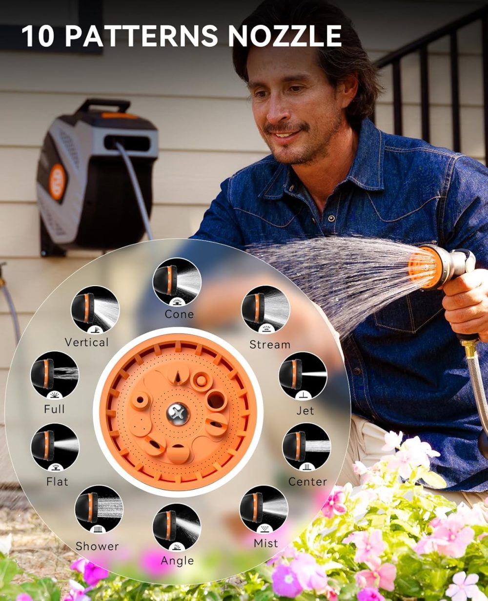SUNPOW Retractable Garden Hose Reel - 1/2 inch x 50ft Wall Mounted Hose Reel with 3/4 inch Brass Fitting & 10 Function Sprayer Nozzle - Any Length Lock, Auto Rewind System, 180°Swivel Bracket - Grey - Image 5